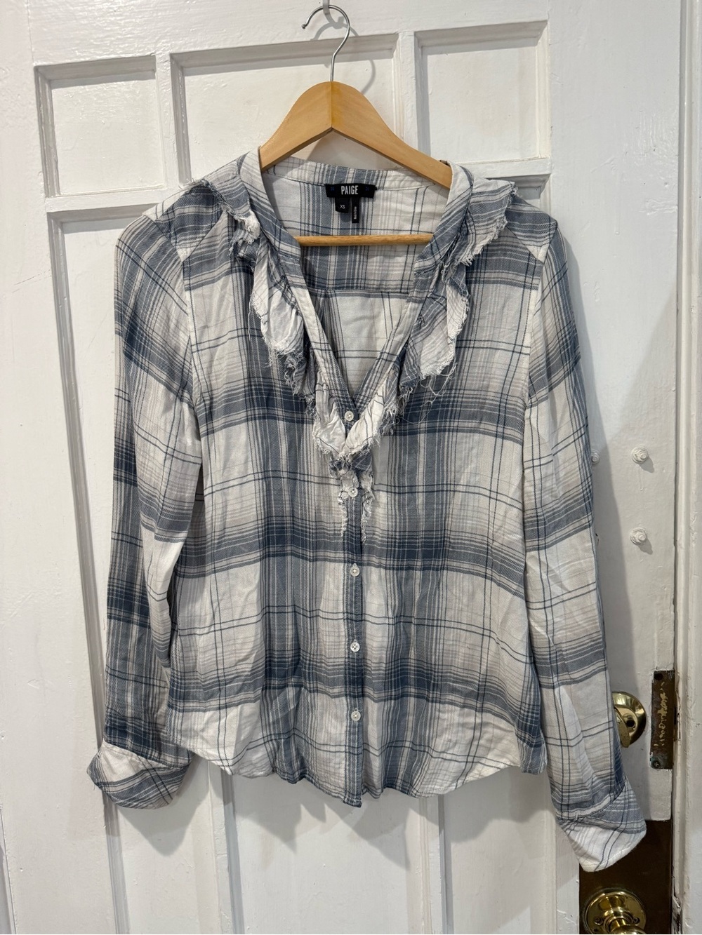 PAIGE White and Blue Plaid Ruffle-Trim Button Down Shirt